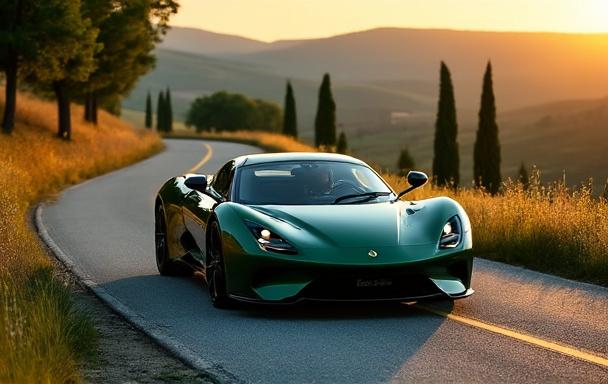 Lotus Emira V6 vert sur route toscane — Essai Driver's Lab