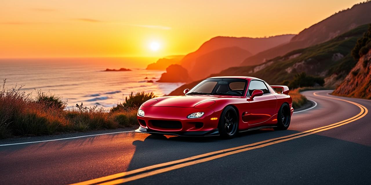 Mazda RX-7 FD rouge sur route côtière — Essai Driver's Lab
